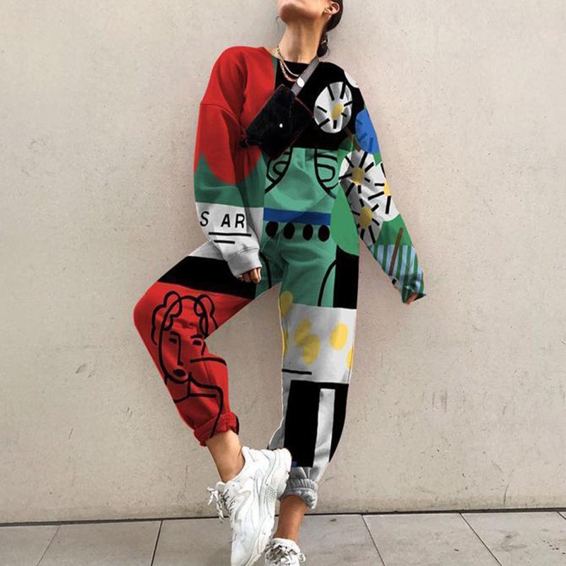 Conjunto de Sudadera Informal con Cuello Redondo y Estampado Holgado para Mujer, Estilo Europeo y Americano, Novedad de Comercio Exterior Transfronterizo para Otoño 2025