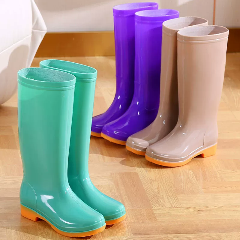 Высокие корейские модные женские резиновые сапоги, теплые, нескользящие резиновые сапоги на флисовой подкладке, водные сапоги, резиновая обувь для взрослых для кухни и автомойки, лето