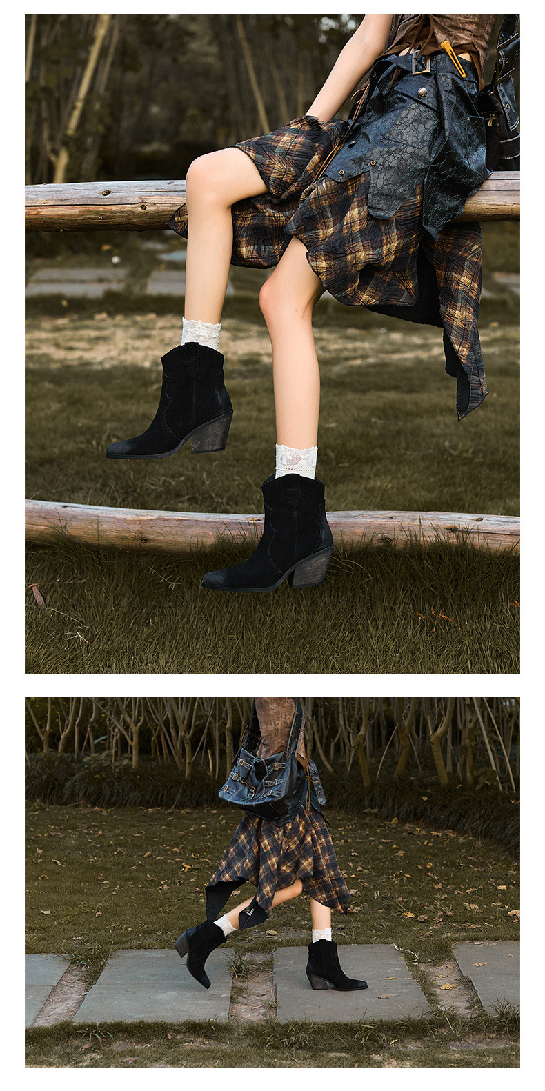 Boot cao bồi nữ da lộn mũi nhọn gót thô cổ thấp — Lớp lót nhung màu kaki chi tiết 15