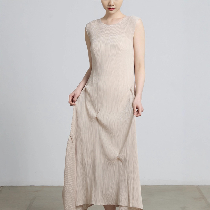 Miyake Pleated Loose Umbrella-Shaped Dress for Women, Summer High-End Design, Irregular Long Dress for Women