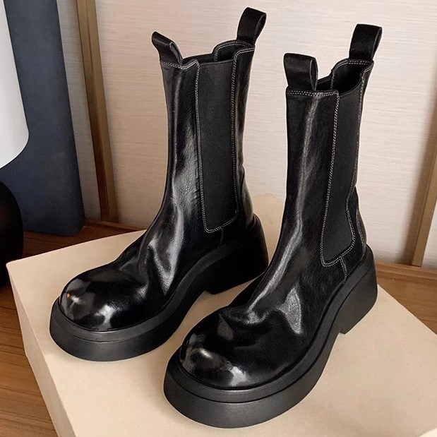 Botines Chelsea de tacón grueso y suela elástica de piel de caballo texturizada de 6 cm, estilo nuevo, para mujer, estilo delgado de primavera, transfronterizo. image 4