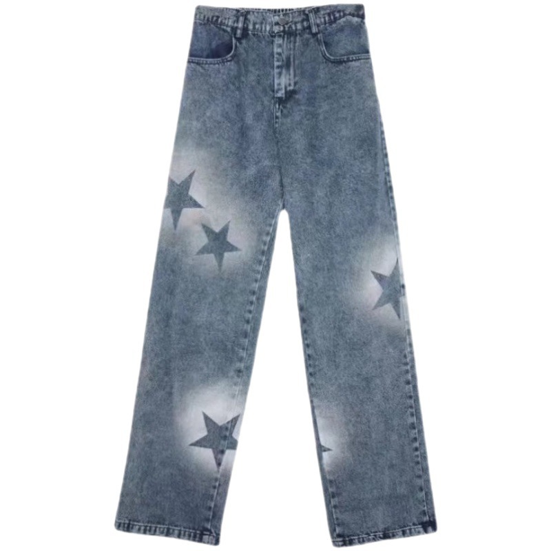 Pantalones de mezclilla rectos de la calle alta de Europa y América ins marca de moda de los hombres estrella de cinco puntas pantalones de pierna ancha drapeado más tamaño frito calle papá pantalones