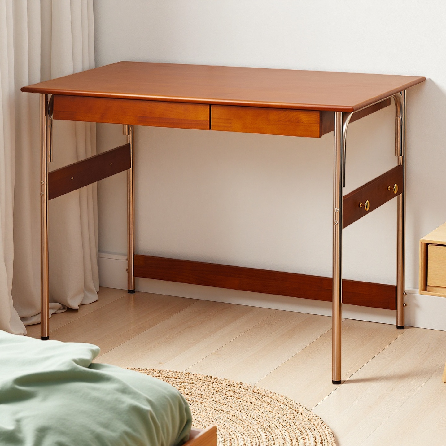 Same-Day Delivery Stainless Steel Solid Wood Desk Antique Style Study Desk Computer Desk Work Table with Drawers