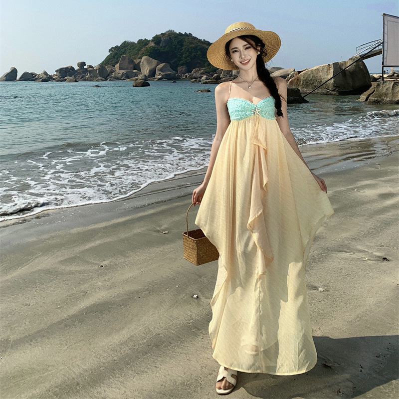 ドーパミンの美しい小さなスカート、海辺のビーチスカート、ニッチな夏休みのフリルサスペンダーロングスカート|undefined