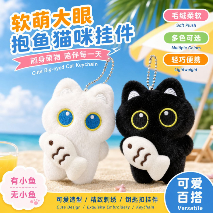 Cross-Border Hot-Selling Summer Soft and Cute Squeaky Big-Eyed Cat Keychain Plush Fish-Hugging Kitten Fashion Pendant Accessory
