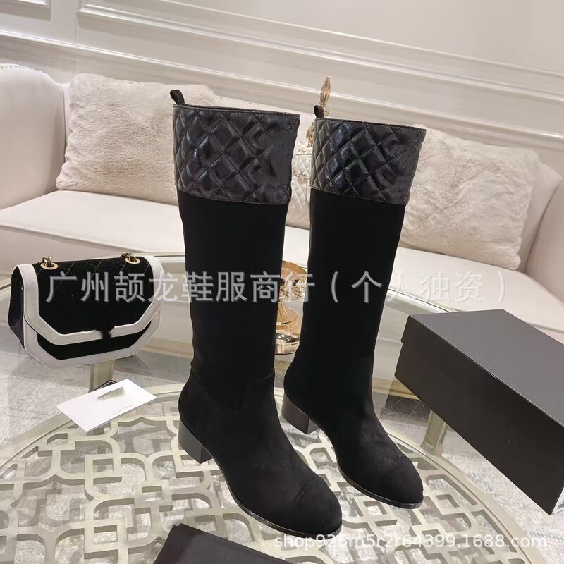 高端2025秋冬小香风真皮圆头拼色菱格粗跟侧拉链高筒弹骑士靴长靴|undefined
