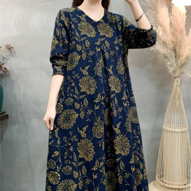 2026 Spring Cotton and Linen Floral Long Sleeve Maxi Dress, Loose Fit Large Floral Women's Artistic Dress 2026 Spring Cotton and Linen Floral Long Sleeve Maxi Dress, Loose Fit Large Floral Women's Artistic Dress