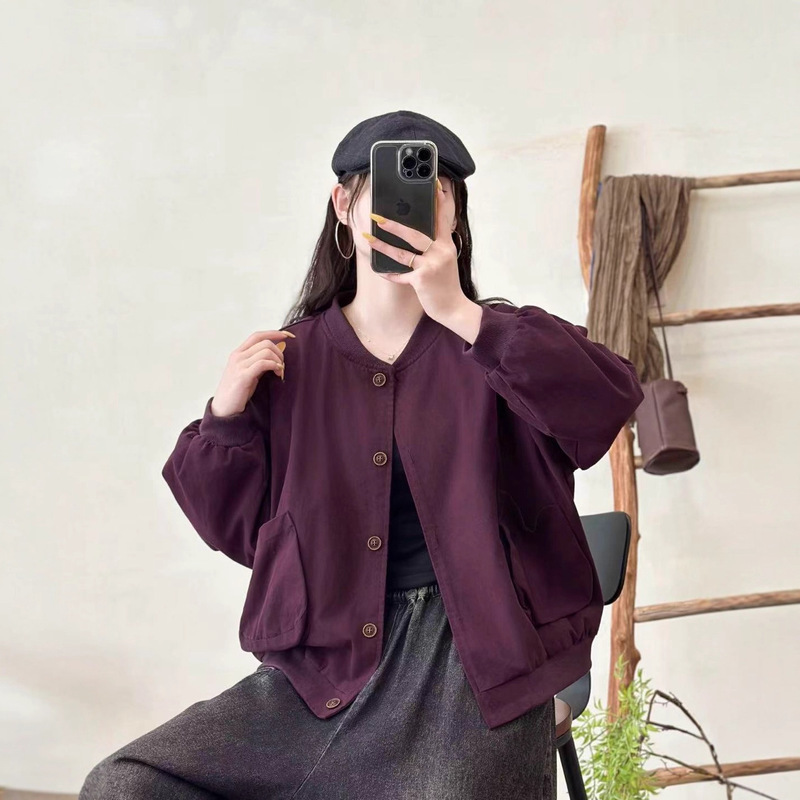 纯色外套 2025秋季新款 复古开衫夹克棒球服女显瘦百搭上衣28113|undefined