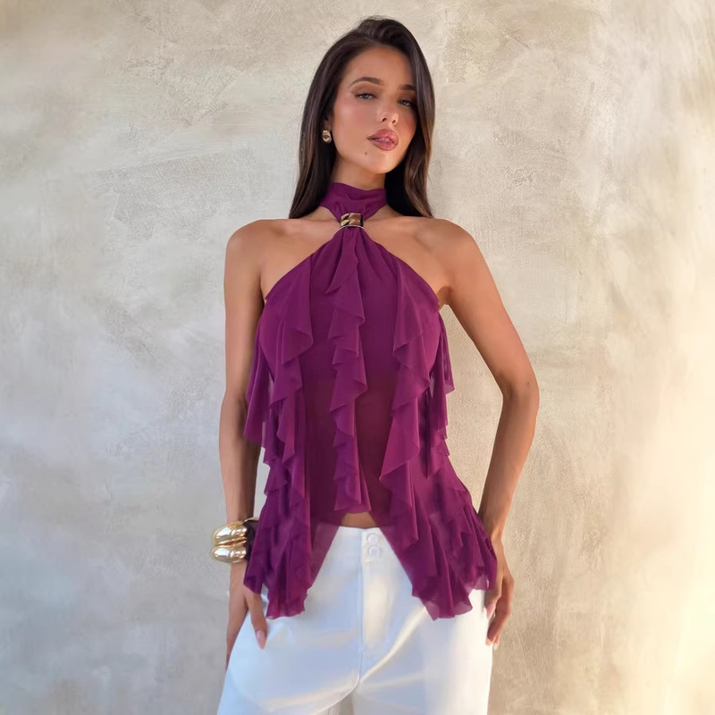 G25T341-Cross-Border European and American Style New Women's Clothing Solid Color Slim Fit High Waist Street Fashion Halter Neck Backless T-Shirt G25T341-Cross-Border European and American Style New Women's Clothing Solid Color Slim Fit High Waist Street Fashion Halter Neck Backless T-Shirt