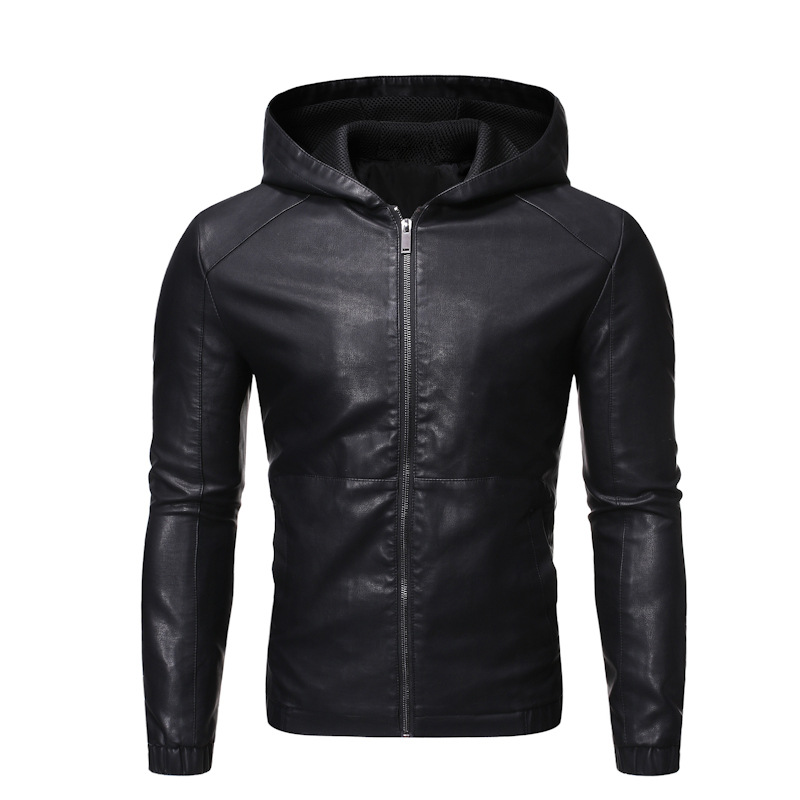Otoño y invierno chaqueta de cuero con capuz para hombres con vello locomotora delgada chaqueta de cuero de piel de piel de piel de piel de estilo coreano chaqueta con capuz para jóvenes