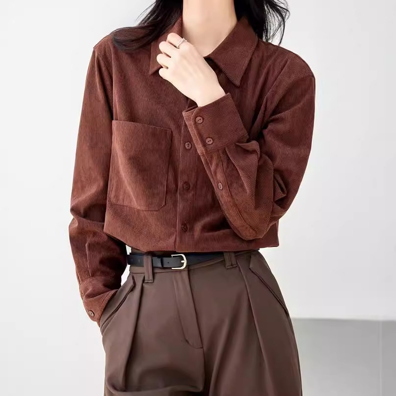 MAILLARD 스타일 다크 브라운 줄무늬 따뜻한 셔츠 여성의 2024 가을 캐주얼 우아한 작은 탑