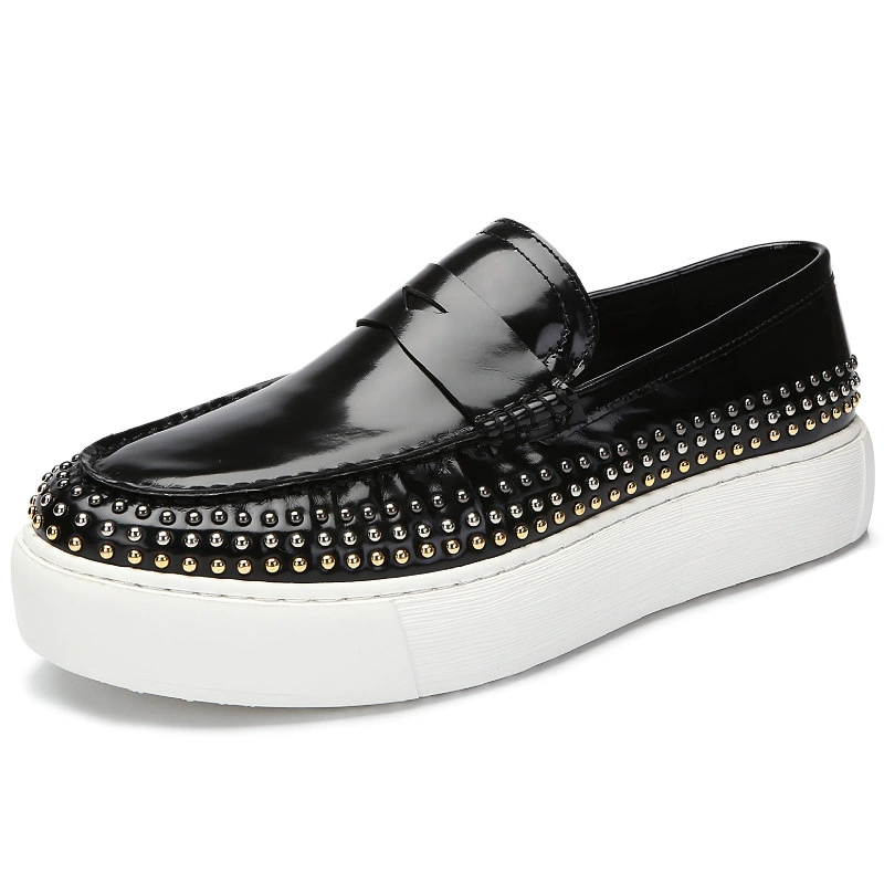 Обувь с заклепками, мужские лоферы, 2022, модная повседневная обувь из воловьей кожи с черным лицом, белая повседневная обувь на толстой подошве, ленивая Мужская обувь без шнуровки