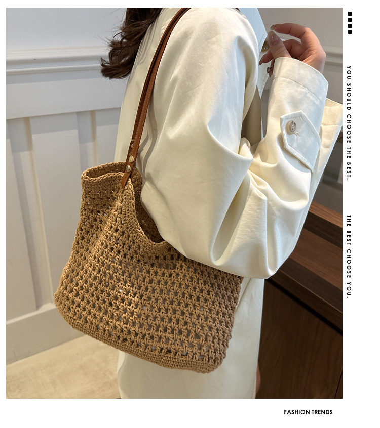 Artistic and retro hand-woven bags, casual cotton thread single-shoulder bags, tote bags, woolen bags, shopping bags for women details Picture