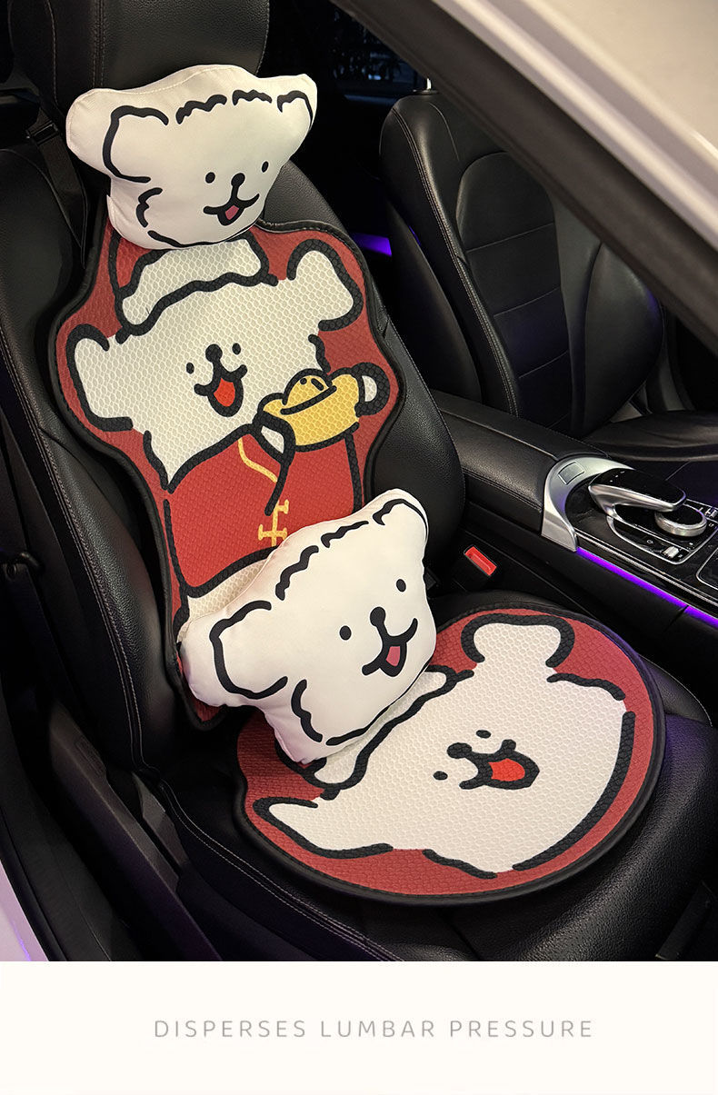 Car Seat Cushion for All Seasons, Cartoon Cute Half-Pack Black and White Line Puppy, Ice Silk Car Cushion for All Seasons