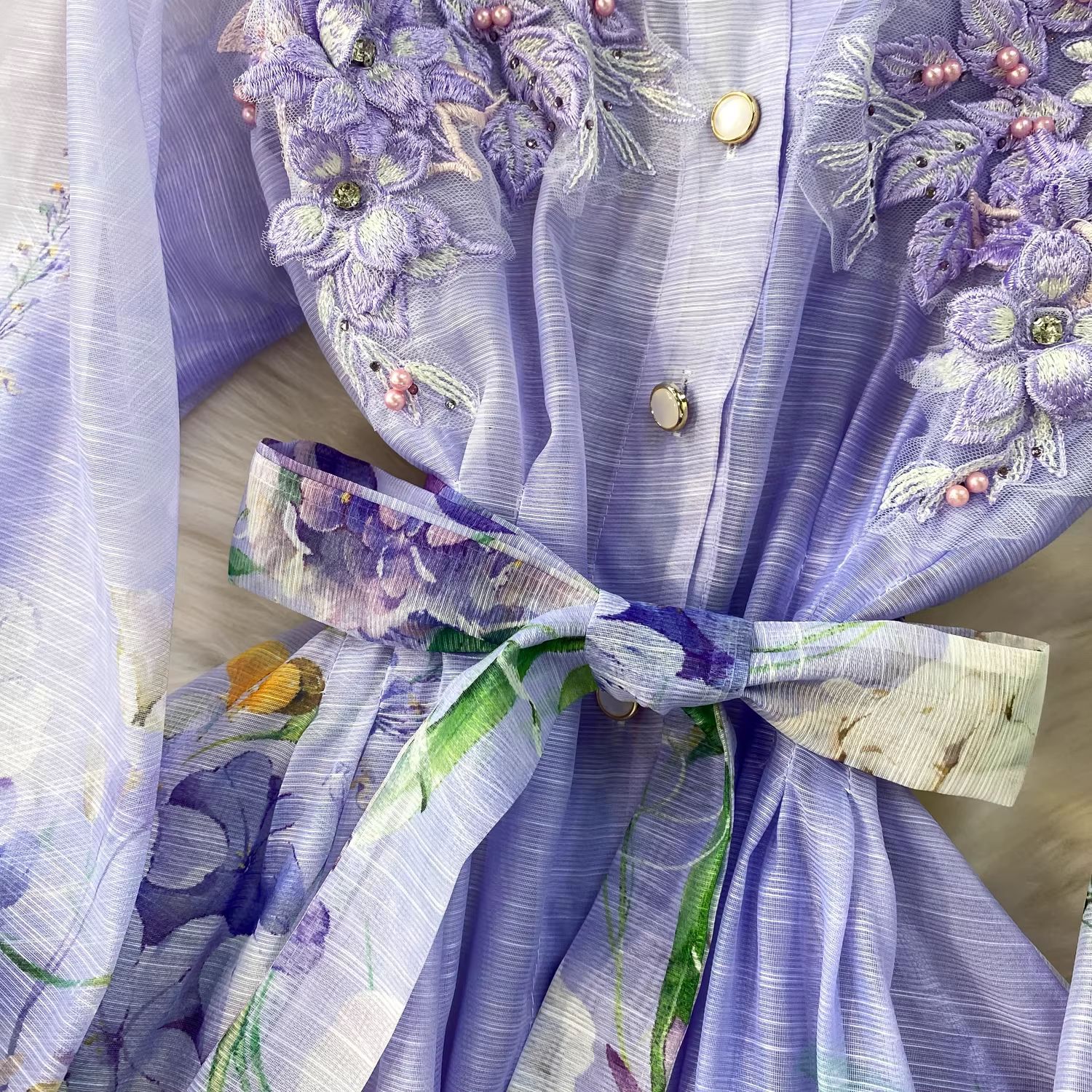 Elegant Floral Embroidered Maxi Dress With Button Front And Tie_voghion.com