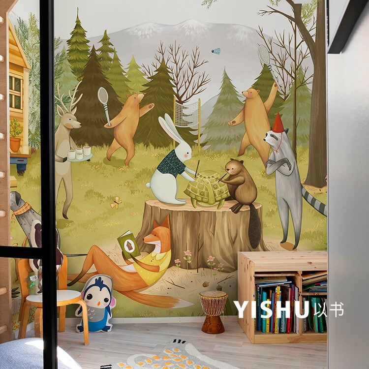 Scandinavian Illustration Kidsren's Room Wallpaper Wall Covering Forest Animal Boy Girl Bedroom Whole House Background Wallpaper Wall Covering