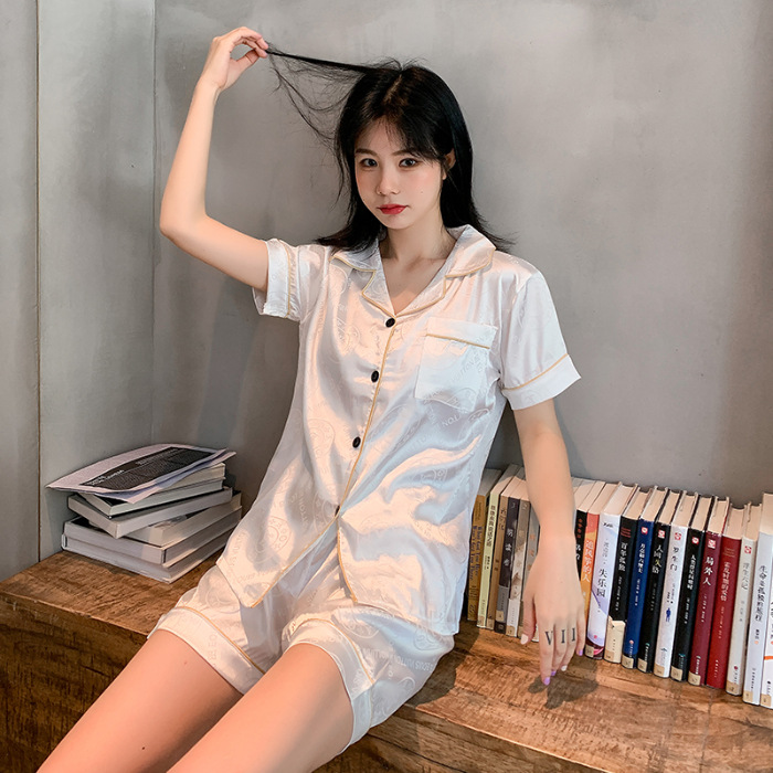 Pijamas de verano hombres de seda artificial jacquard Plaid pareja de Mujeres de manga corta de solapa cardigan casual cómodo traje de uso doméstico