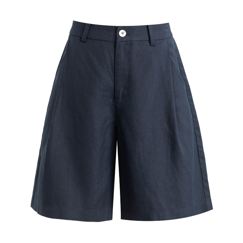 Quần short nữ cạp cao dáng chữ A ống rộng chất liệu linen phối lụa thoáng mát — màu xanh navy
