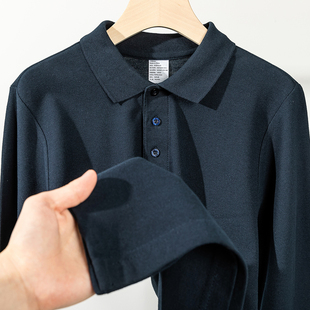 Full Sense of Feeling! Navy Blue 230g Heavy Pique Cotton Long-Sleeved Polo Shirt Pure Color Bottoming Shirt for Men