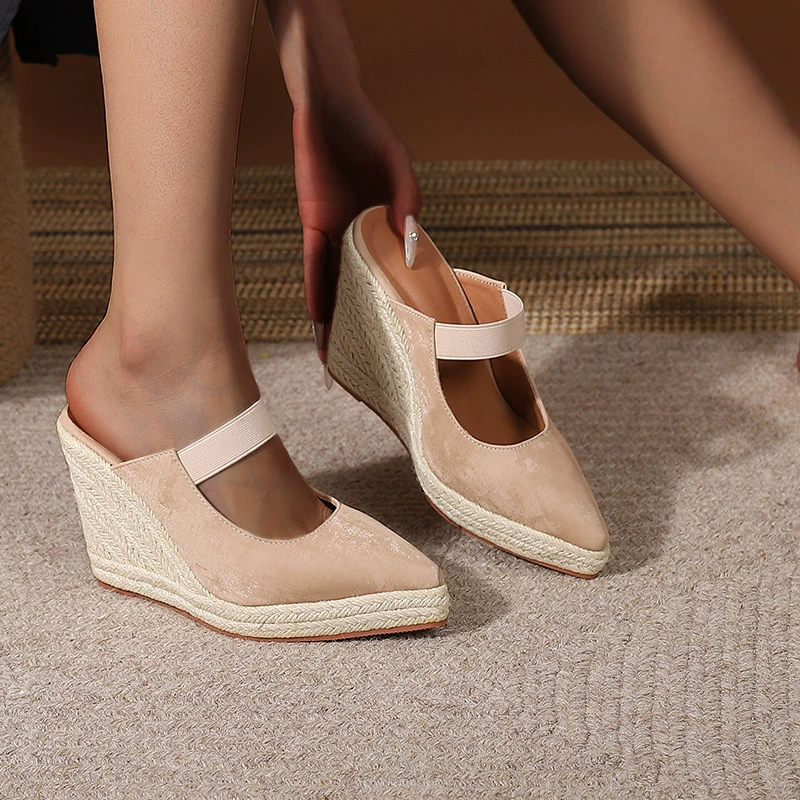 Туфли на танкетке на высоком каблуке с острым носком и закрытым носком, пустые однослойные туфли, соломенная плетеная пеньковая веревка, нижняя часть, трансграничная Внешняя торговля, Женская обувь в наличии