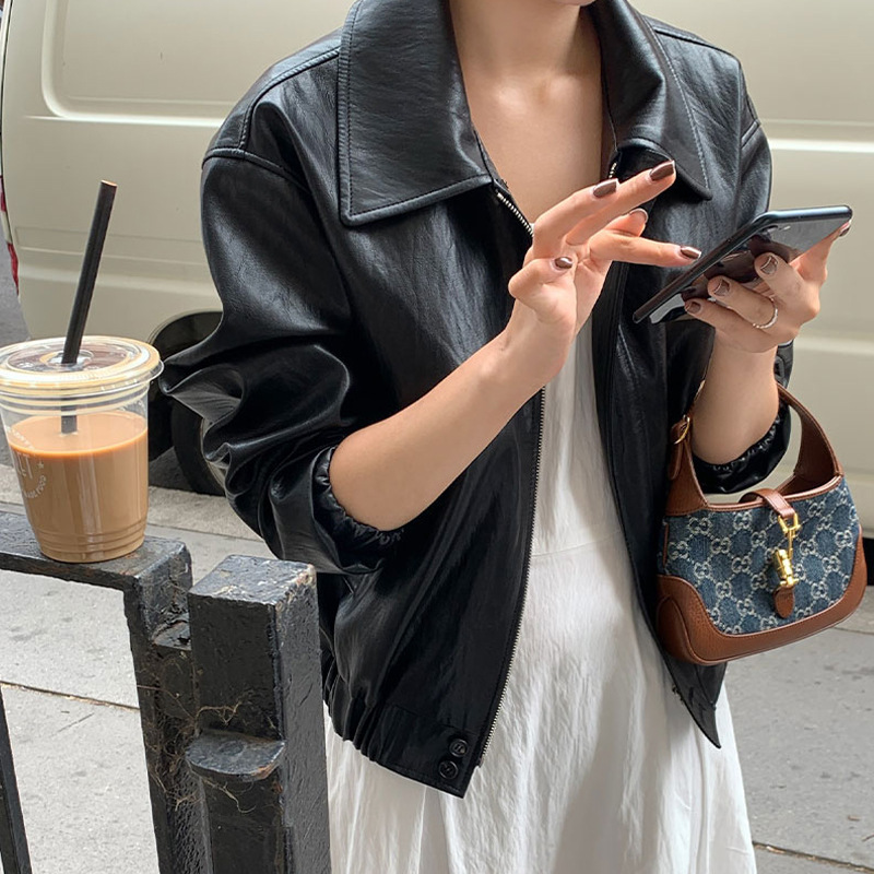 Korean Retro Lapel Pu Short Leather Jacket 2026 Spring and Autumn Petite Loose Casual Jacket for Women