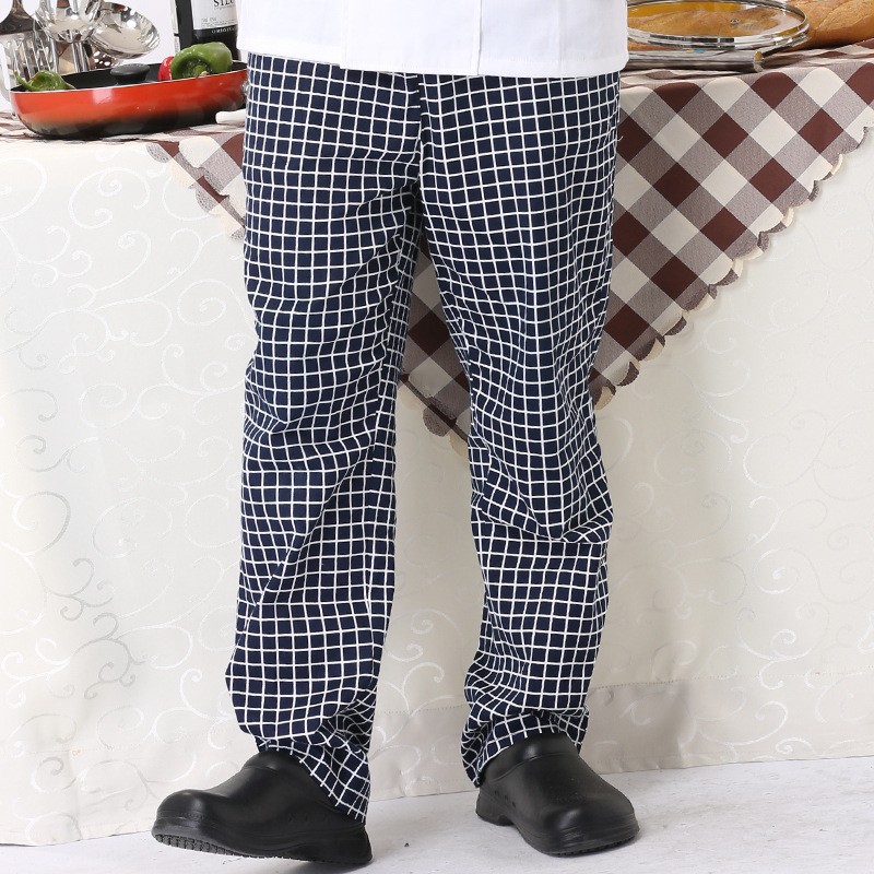Pantalones de trabajo a rayas para chef de hotel y restaurante al por mayor, en stock, con banda elástica, pantalones de uniforme de servicio negro, personalizados.