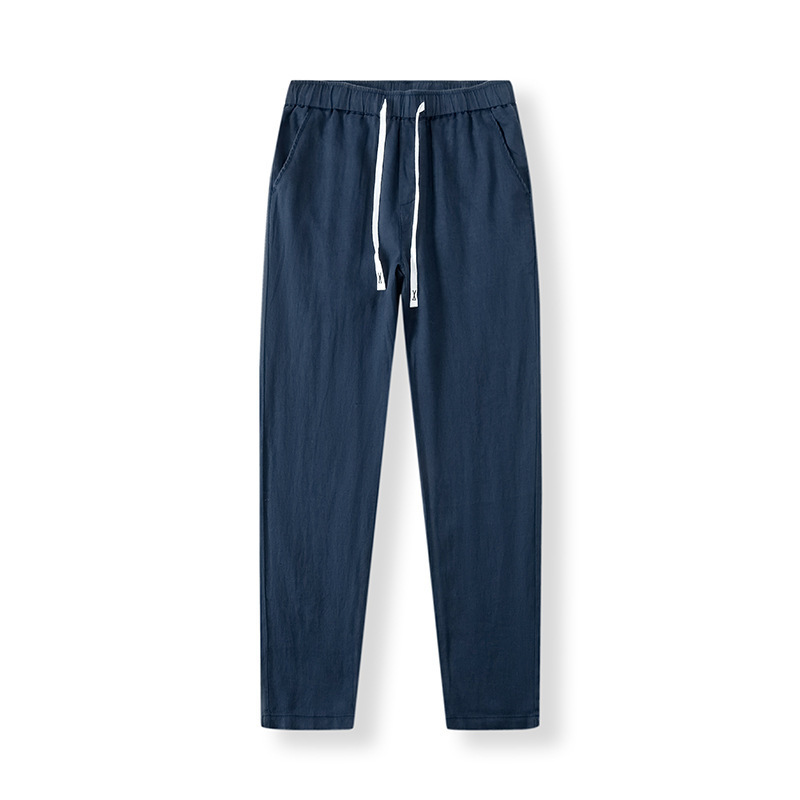 Pure Linen Breathable Chinese Style New Gray Blue Long Summer Thin Simple Casual Men's Pants White_viptrois.com