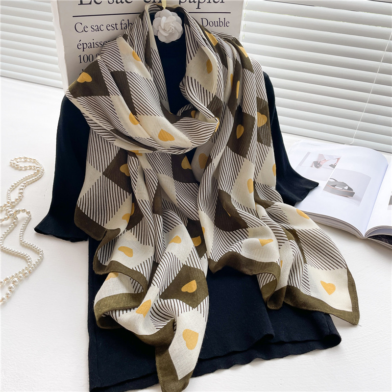 180g Weight Scarf Classification Street Occasion cotton and linen Material Lattice, Heart Shape Pattern Spring, Autumn Season Women's Gender IG Style Style Women's Ig Style Lattice Heart Shape Cotton And Linen Scarf 4