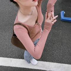 辣妹纯欲风露锁骨v领长袖上衣女秋洋气小众修身显瘦拉链针织开衫