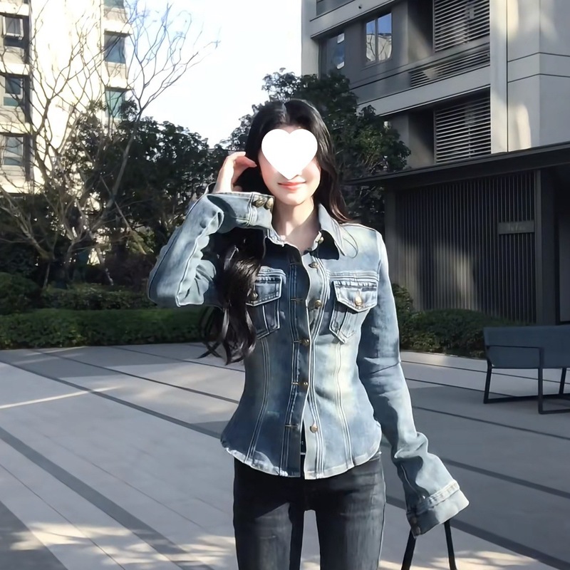 复古蓝色POLO修身弹性衬衫新款牛仔春秋款高级感收外套显瘦上衣女|undefined
