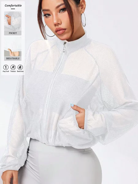 Amazon Cross-Border White Mesh Sports Jacket, Lightweight and Breathable, Sporty Women's Solid Color Hollow-Out Yoga Jacket