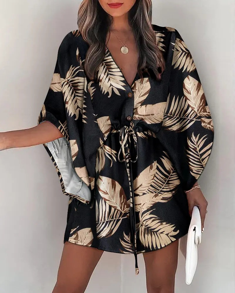 Transfronterizo europeo y americano de verano manga de vuelo Amazon deseo popular con cuello en V con cordones de ocio vestido de vacaciones ropa de mujer