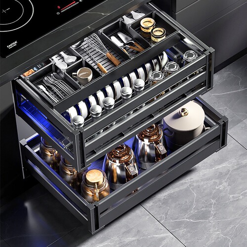 【Small Batch Wholesale】Kitchen Cabinet Pull-out Drawer Door Two-Layer Aluminum Alloy Bowl Plate Middle Draw Deepening