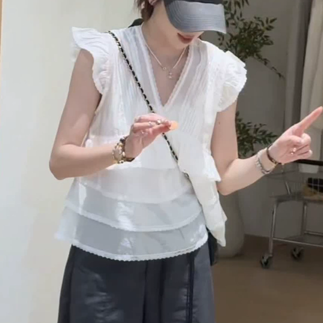 Женская рубашка с короткими рукавами и v-образным вырезом с рюшами, лето 2025, новый стильный универсальный свободный топ для похудения, уменьшающий возраст