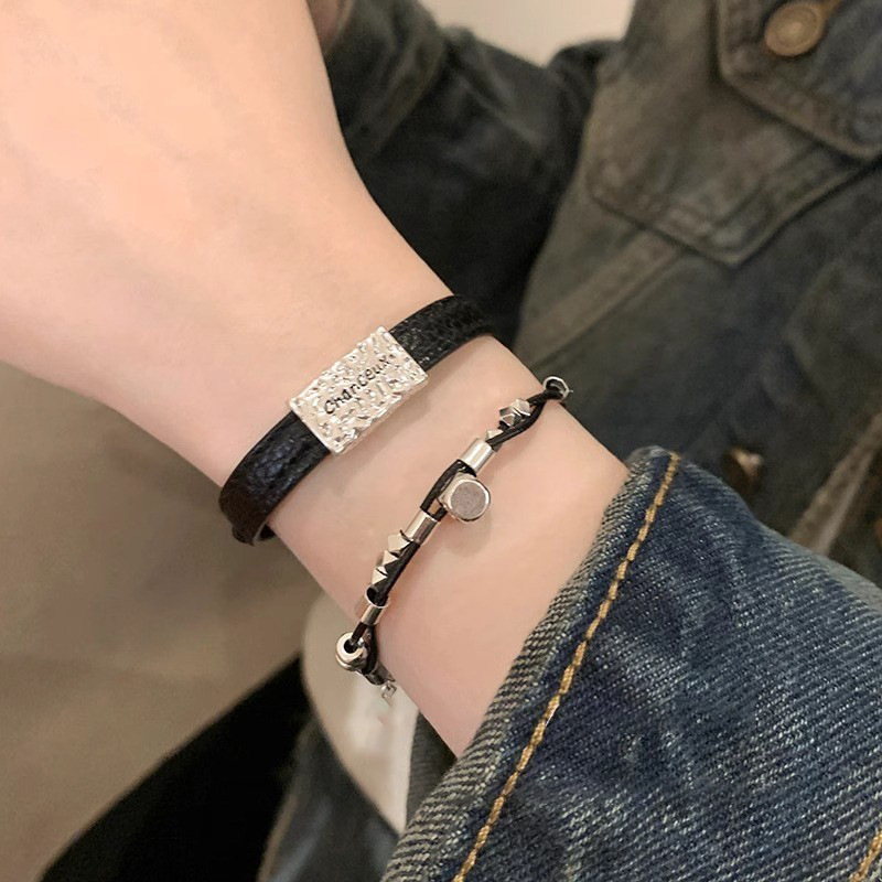 Black leather bracelet wrist strap bracelet for women 2023 new light luxury sense niche beaded bracelet for men