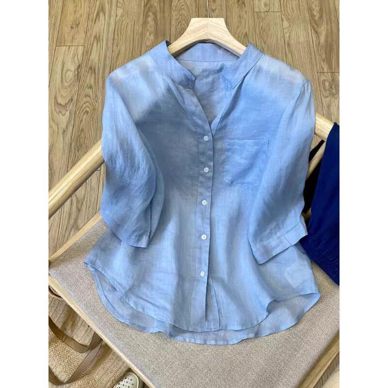 Boutique Women's Clothing, Simple Solid Color Cotton and Linen Half-Sleeve Shirt, Summer Lightweight Casual V-Neck Blouse Top Boutique Women's Clothing, Simple Solid Color Cotton and Linen Half-Sleeve Shirt, Summer Lightweight Casual V-Neck Blouse Top