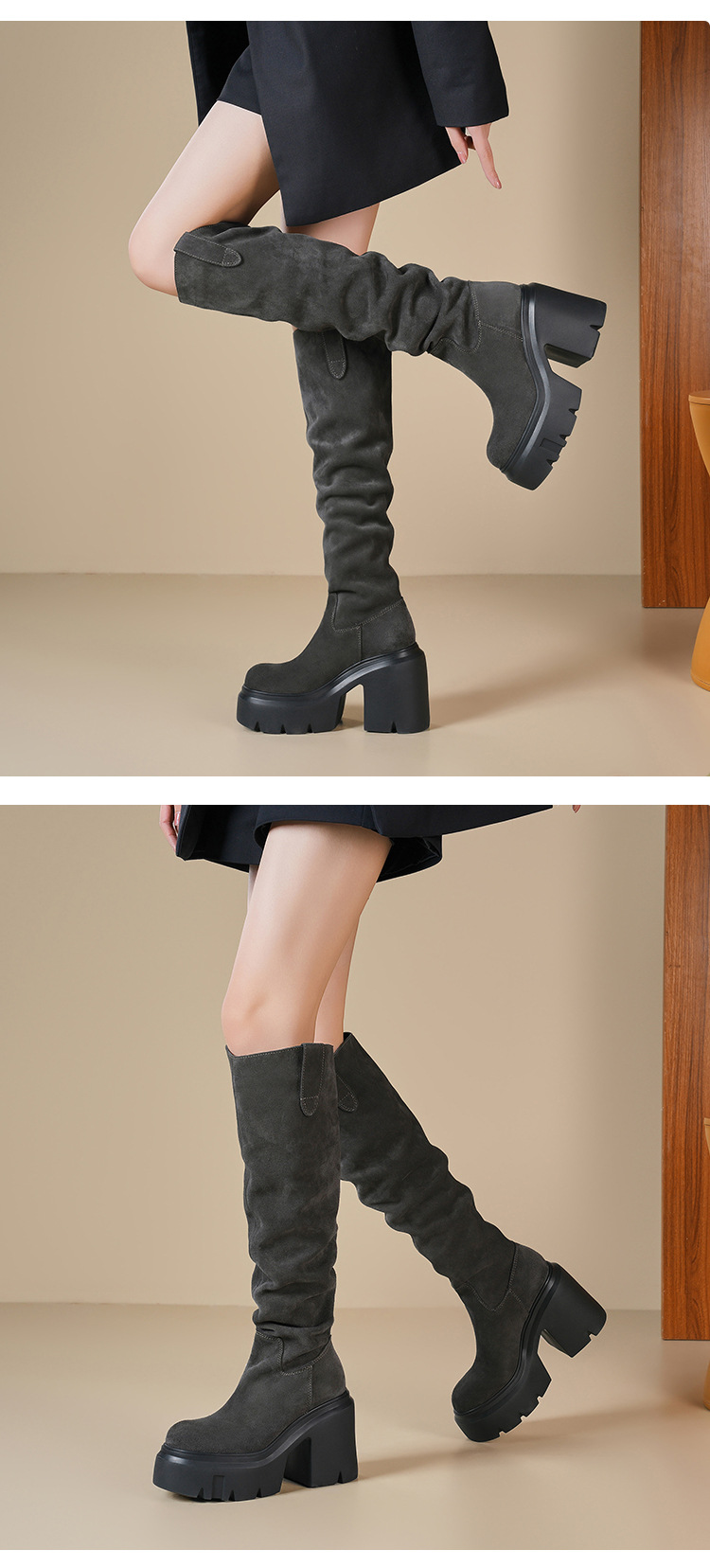 Boot nữ cổ cao ôm bắp chân chất liệu da lộn, gót 12 cm, phong cách kỵ sĩ — Lót nhung đen chi tiết 2