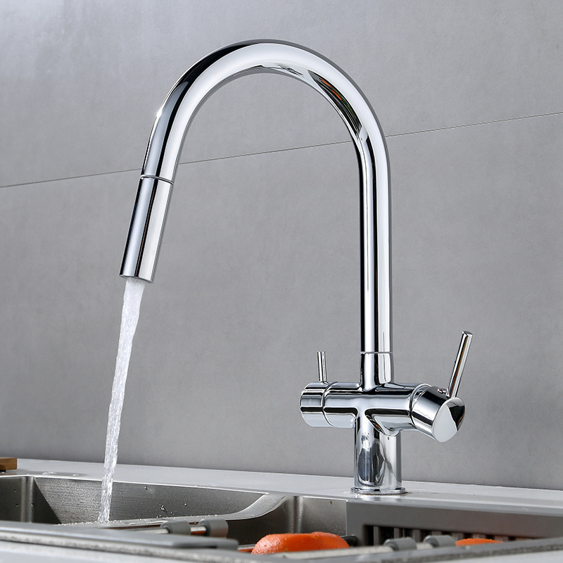 Grifos de cocina de extracción de explosión rusa transfronteriza, lavabos de verduras calientes y fríos, 3 - en - 1 grifos de purificación de agua de doble control