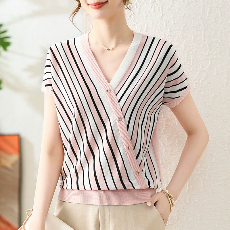 Женские летние топы в полоску с короткими рукавами для мам, тонкий трикотаж с v-образным вырезом, модные свободные футболки для женщин среднего и пожилого возраста