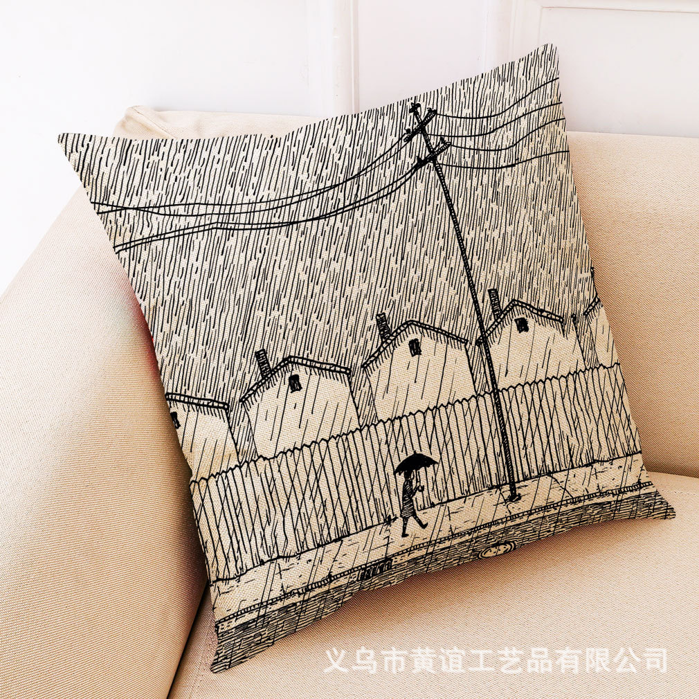 亚马逊新款艺术铅笔画棉麻抱枕套汽车靠垫办公室午睡抱枕厂家直销