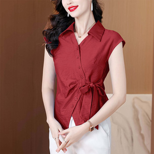 Irregular Short-Sleeved Shirt for Women Summer 2025 New Lapel Shirt Fashionable Waist-Cinching Women's Short Top