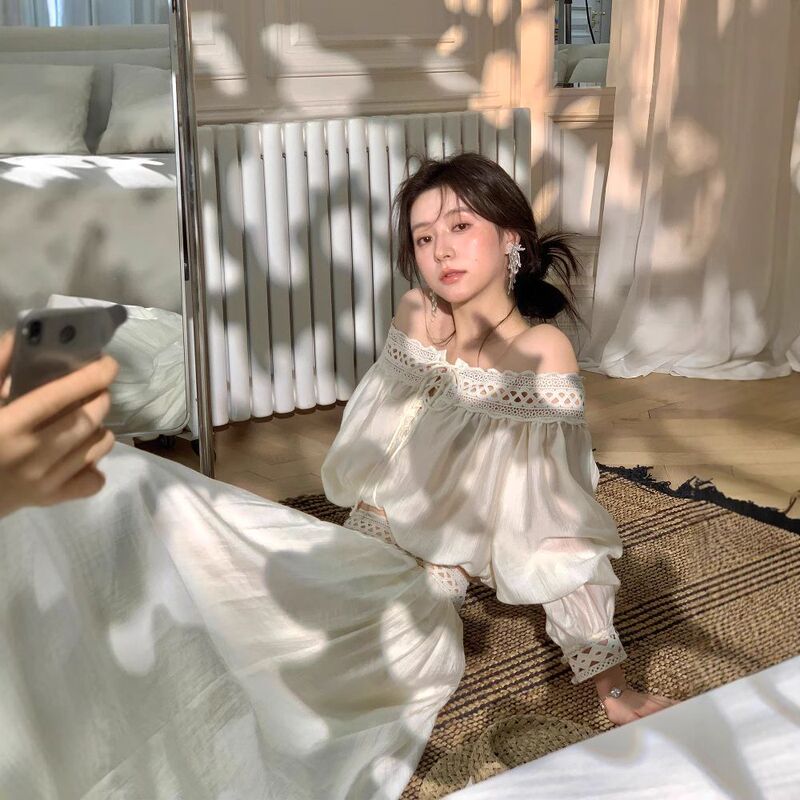 2025 Summer Elegant One-Shoulder Long Skirt Suit High-End Design Cut Out Lace One-Shoulder Top A-Hem