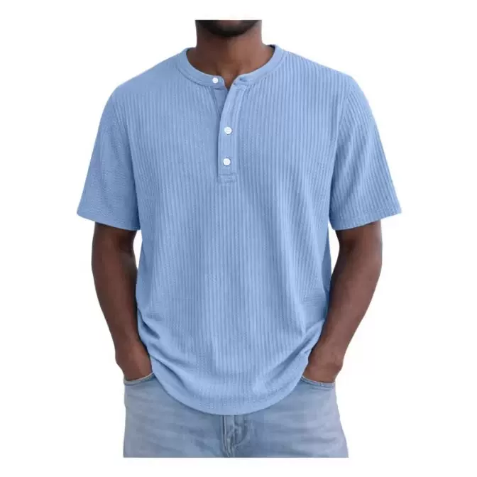 2026欧美独立站亚马逊男装时尚男士简约日常华夫格纽扣短袖亨利衫