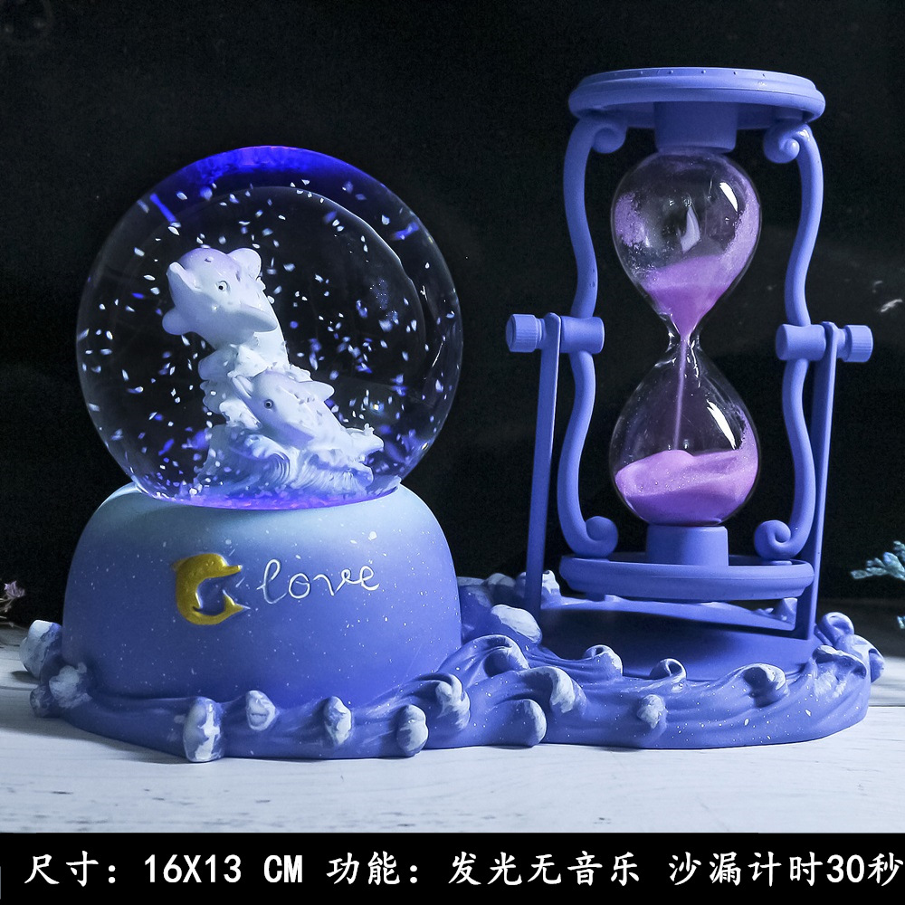 Reloj de Arena Delfín Creativo con Bola de Cristal, Caja Musical Luminosa, Decoración para Escritorio y Regalo