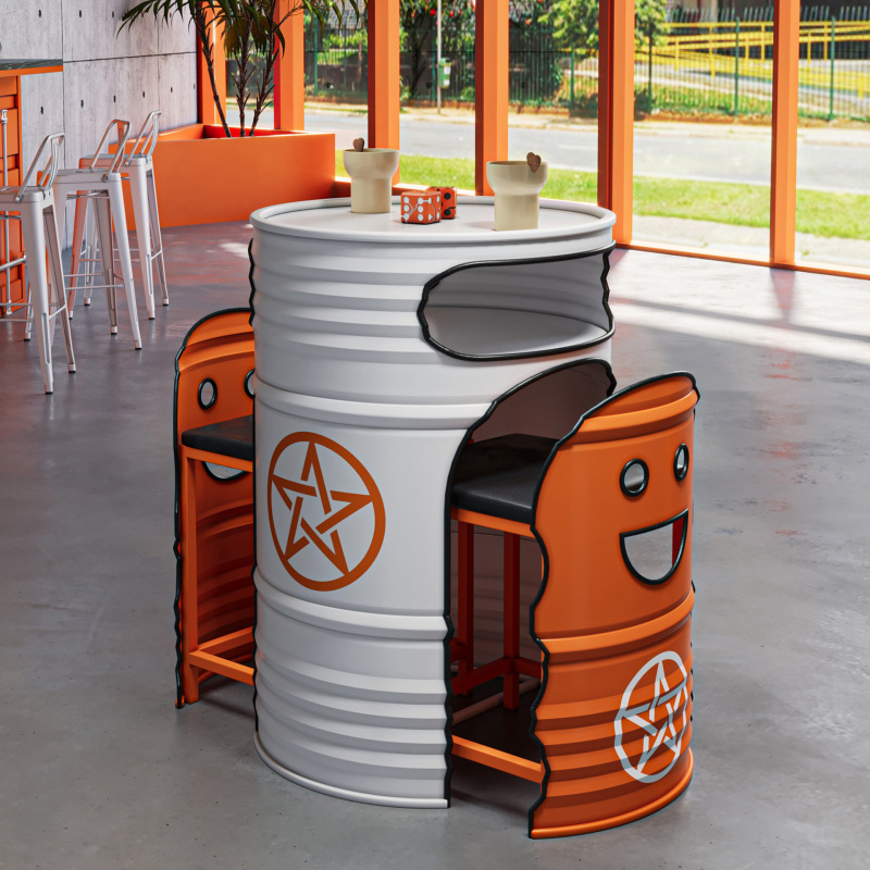Net Celebratory Milk Tea Coffee Bar Gymnasium Billiards Room Shop Indoor and Outdoor Industrial Wind Plastic Wood Oil Barrel Table and Chair Commercial