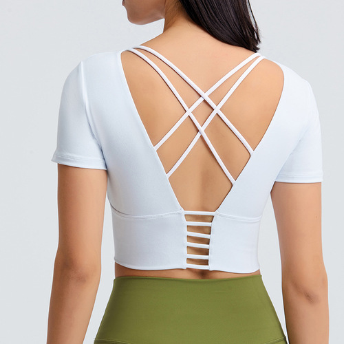 Spring and summer new thin shoulder straps cross beautiful back sports short-sleeved yoga clothes women's tops backless fitness small suspenders short-sleeved