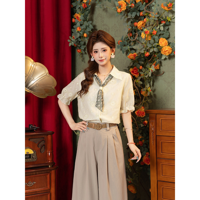 Dayuansad【Soft Mist】Zhang Jia Round-Neck Tie Short-Sleeve Shirt for Women, Summer Loose Slimming Shirt # C11705