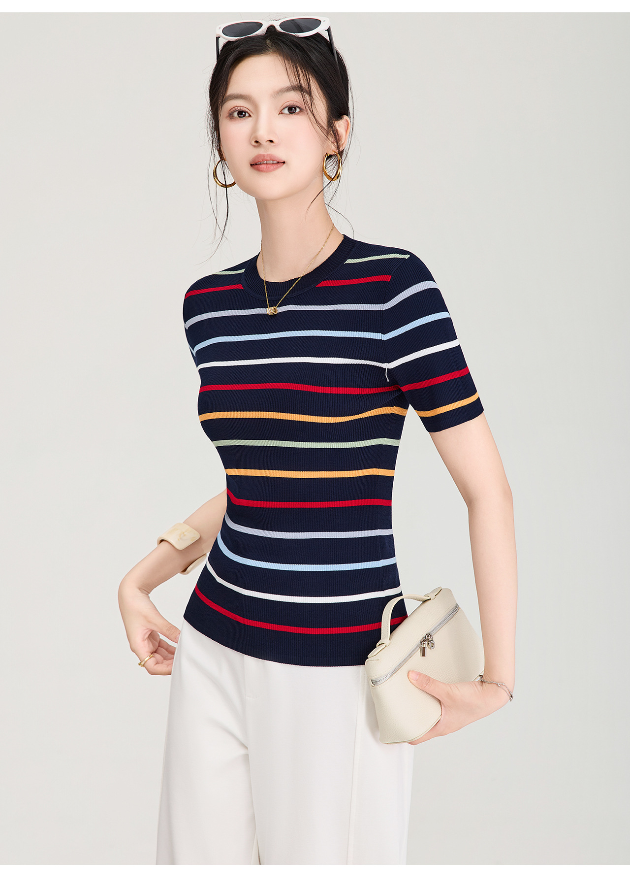 Áo thun nữ cổ tròn sọc kẻ dệt kim mỏng mùa hè — màu xanh navy chi tiết 15
