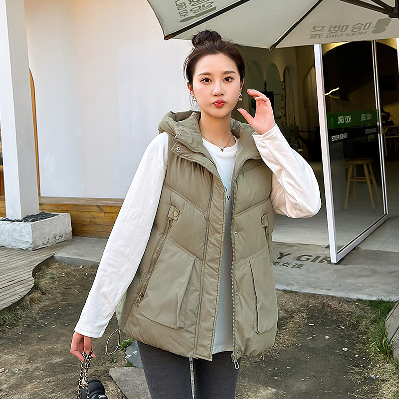 Algodón chaleco de mujer 2024 otoño y invierno nuevo estilo coreano suelto medio largo encapuchado sin mangas algodón hombro fuera de la moda de abrazadera image 4
