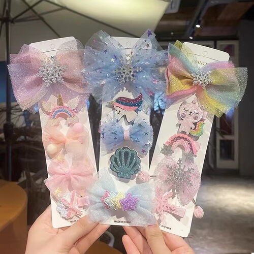 New children's bow Frozen tiara blue mesh snowflake set princess hair accessories hair clip